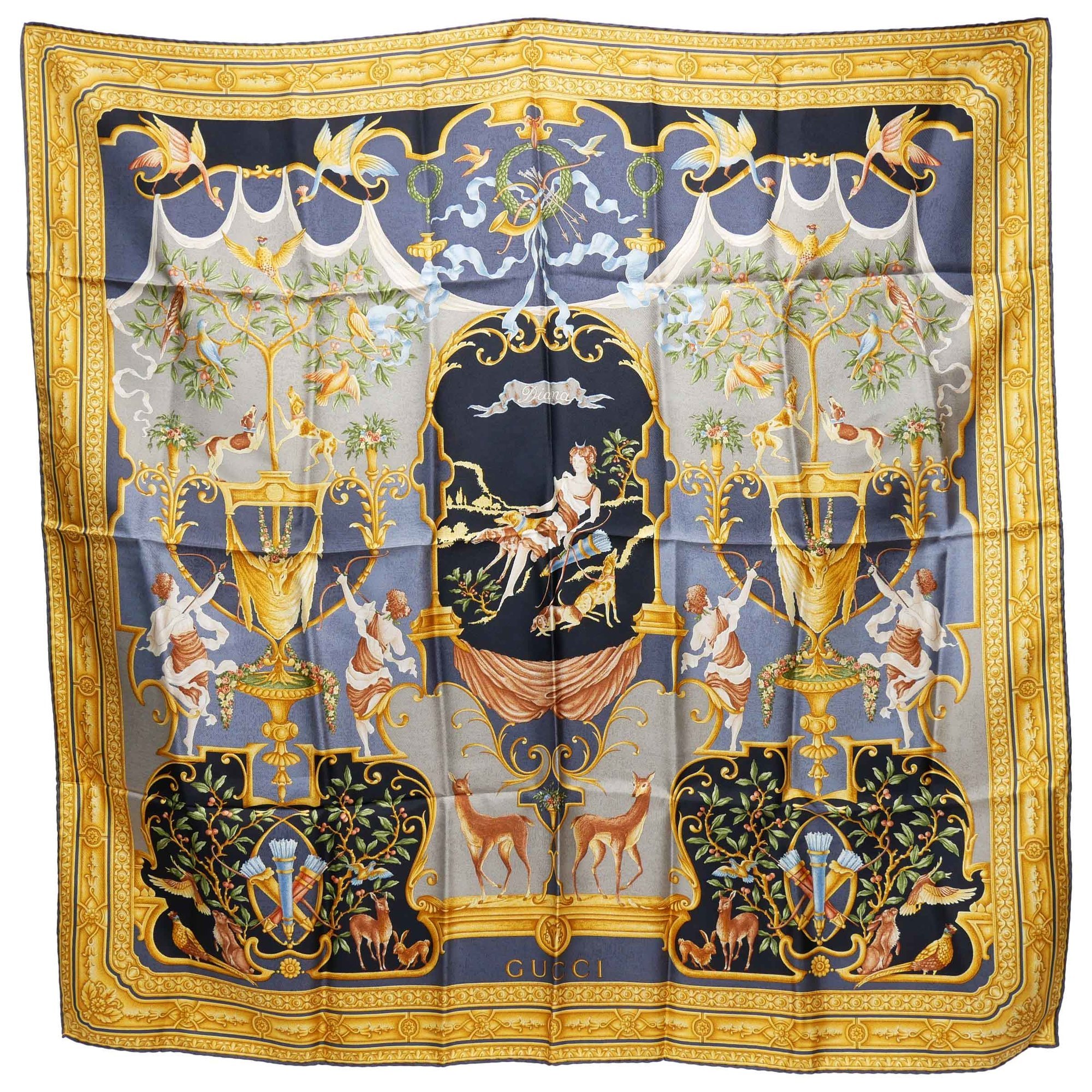 Gucci Diana Large Scarf Shawl Unisex Flashy 100% Silk Gold/Black 88x88cm